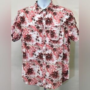 HUNTINGTON Men’s white and salmon Hawaiian‎ print shirt size L.